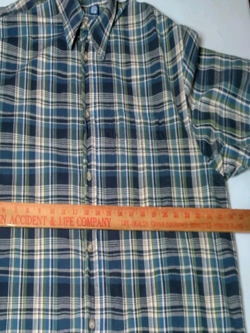 Vintage 1990s GAP Shirt Large Madras Plaid Green Blue Short Slv Grunge Preppy - Picture 6 of 10